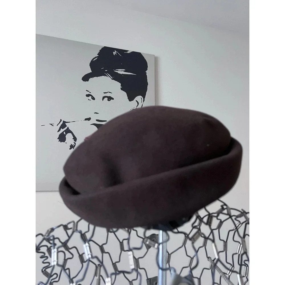 Vintage Merrimac Hat Corp‎ Excello 100% Wool Pillbox Hat Brown Starburst
